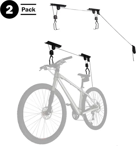 Vista 4 de RAD Sportz Juego de 2 perchas de bicicleta para sistema de polea de elevación de garaje con capacidad de 100 libras, almacenamiento de techo