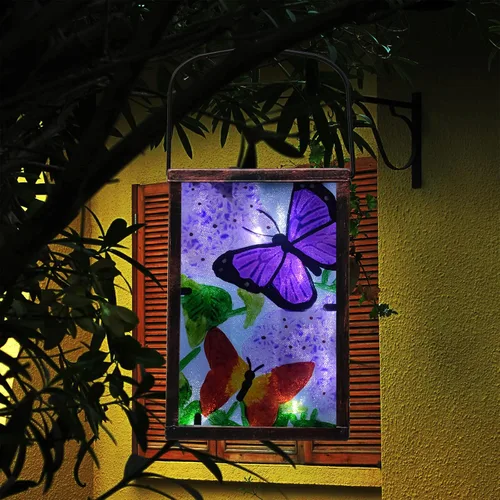 Vista 6 de Linterna solar colgante, decoración al aire libre, luces LED solares de mariposa, lámpara de mesa para patio al aire libre jardín