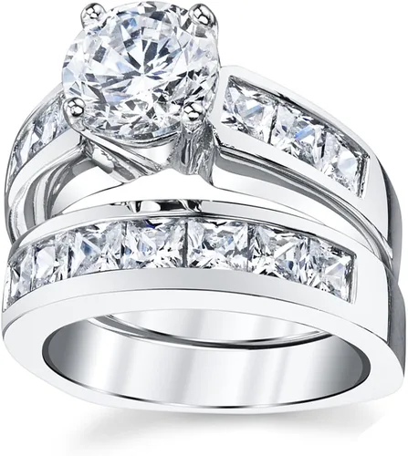 Vista 3 de Set de anillos de compromiso de plata esterlina con ronda y corte princesa de circonia cúbica