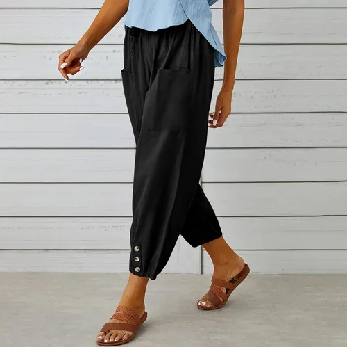 Vista 5 de Pantalones capri de cintura alta con cordón y botón de algodón suelto casual con bolsillos para mujer