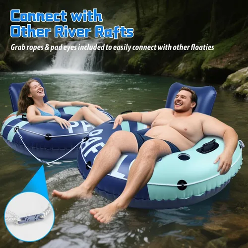 Vista 2 de Flotador inflable de tubo de río, flotador de piscina para adultos, tubos de río para flotar resistente con parte inferior de malla, respaldo cómodo