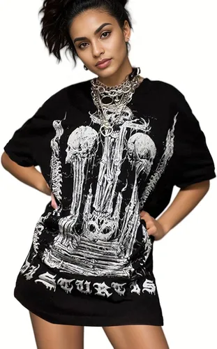 Vista 14 de Camiseta gótica para mujer, Y2K Harajuku, tops gráficos de algodón, ropa de anime 586 Gris Oscuro