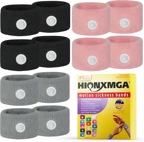Vista 10 de HIONXMGA 10 pares de bandas para el mareo por movimiento – Brazaletes naturales de acupresión anti-náuseas para el alivio del mareo matutino y por