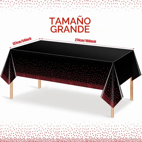 Vista 2 de Paquete de 1 mantel de plástico con puntos rojos y negros, mantel desechable de plástico rectangular de plástico con estampado de puntos rojos
