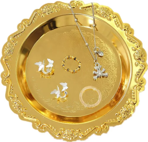 Vista 8 de Bandeja redonda de almacenamiento para collares, soporte para joyas, organizador de platos de postre, plato de fruta, organizador de platos, Dorado