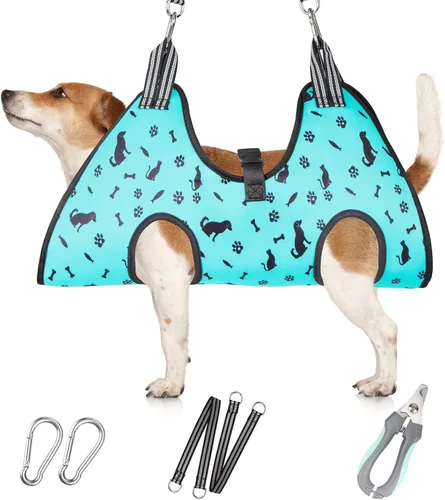 Vista 26 de Hamaca de aseo para mascotas para perros y gatos pequeños – Eslinga para recortar uñas con cortaúñas, lima de uñas y tijeras – Arnés de aseo
