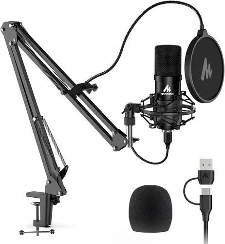 Vista 11 de MAONO Micrófono de condensador XLR/USB: 192kHz/24Bit Plug & Play PC Podcast Kit de micrófono de metal cardioide con software, chipset de sonido