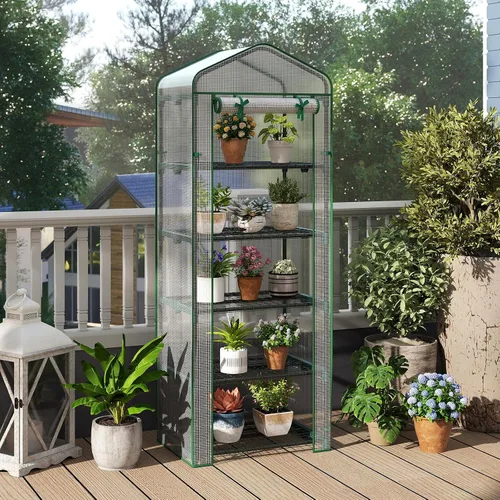 Vista 9 de Giantex Mini invernadero para interiores y exteriores, 27 x 19 x 75 pulgadas, casa portátil de cultivo de plantas con estantes de 5 niveles