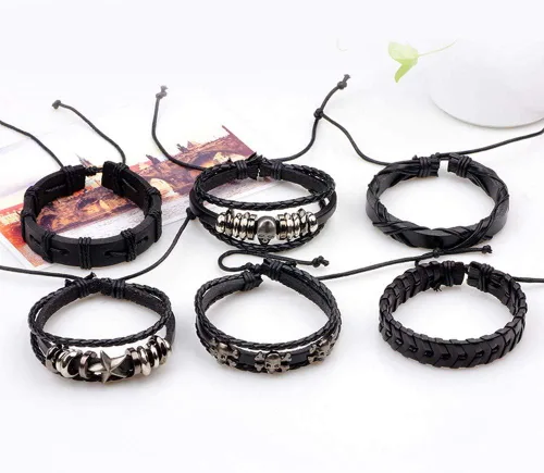 Vista 4 de TURTLEDOVE Pulsera ancha de cuero trenzado - Pulsera punk con calavera para motociclista, rockero