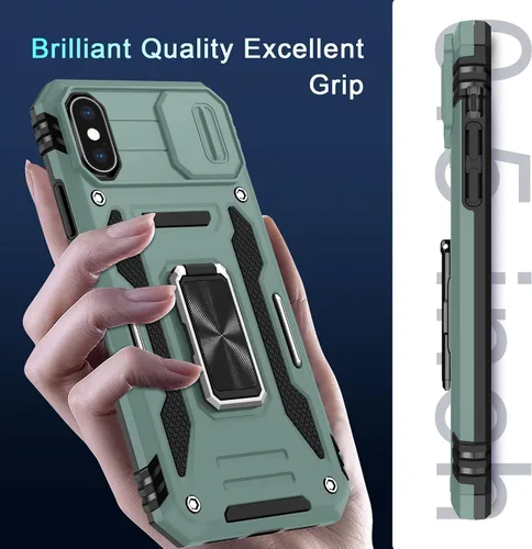 Vista 7 de DEERLAMN Funda para iPhone Xs Max con funda deslizante para cámara + protector de pantalla, soporte giratorio de anillo de grado militar a prueba
