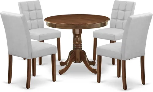 Vista 21 de East West Furniture ANAS3-AWA-08 Juego de mesa de comedor de cocina de 3 piezas contiene una mesa moderna y 2 sillas de comedor tapizadas de tela