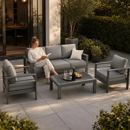 Vista 4 de Amopatio - Juego de muebles de aluminio para patio con cojines de olefina Gris oscuro/ Dorado
