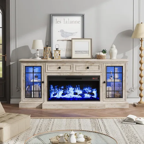 Vista 4 de Soporte de TV con chimenea de hasta 80" TVs, centro de entretenimiento moderno de 70" con chimenea eléctrica de 36" y luces LED, consola multimedia
