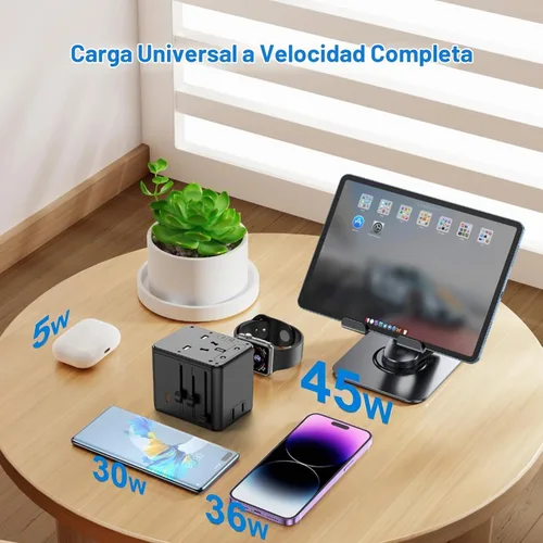 Vista 3 de Adaptador de viaje universal, convertidor de enchufe de alimentación internacional con cargador PD de 45 W, soporte de 2500 W, adaptador de CA todo