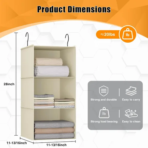 Vista 3 de Organizador colgante para armario y almacenamiento con 3 estantes, estantes colgantes plegables de montaje fácil para guardar ropa, bolsos, zapatos