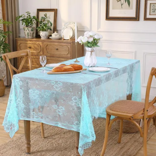 Vista 2 de QueenDream Mantel rectangular de 60 x 120 pulgadas, manteles de encaje con patrón floral traslúcido para comedor rústico, cocina, fiesta, decoración