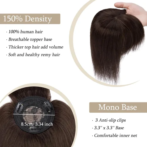 Vista 4 de MY-LADY Top Hairpieces para mujer con flequillo, base mono natural, 100% cabello humano real, clip en pieza de cabello lacio en medio para pérdida