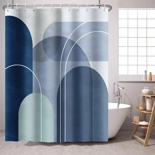 Vista 14 de Cortina de ducha azul marino con círculos geométricos abstractos y modernos, estilo contemporáneo, cortinas de ducha de tela impermeable gris