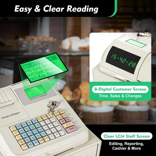 Vista 7 de Sistema POS 48 llaves caja registradora para pequeñas empresas, minoristas, supermercados, 8 pantalla LED digital caja registradora electrónica