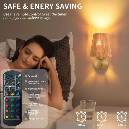 Vista 7 de Juego de 2 apliques de pared bohemios que funcionan con pilas, con pantalla de ratán dorado, luces de pared inalámbricas con bombillas recargables