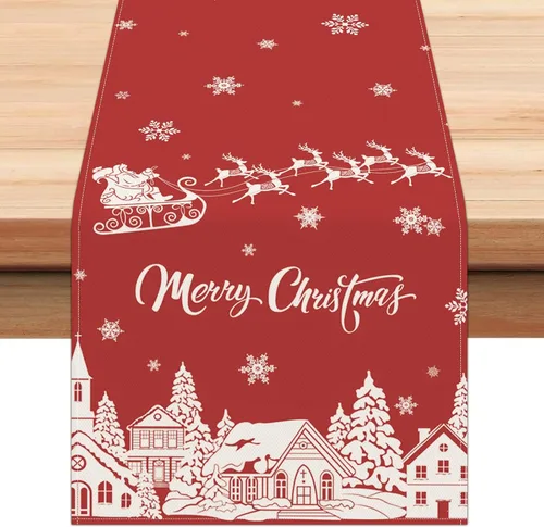 Vista 10 de Bonhause Camino de mesa de reno de Navidad de 13 x 72 pulgadas, trineo de Papá Noel, rojo, dorado, temporada de invierno, vacaciones, cocina