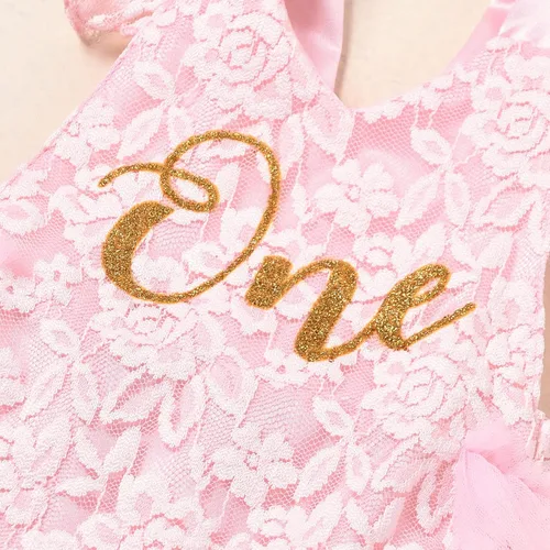 Vista 4 de Traje de primer cumpleaños para niña con volantes manga corta encaje floral vestido de tul diadema de corona sesión de fotos