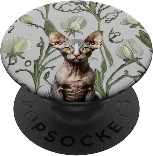 Vista 6 de Sphynx Cat White Gray Sweet Pea Summer Vintage Flower PopSockets MagSafe PopGrip for iPhone
