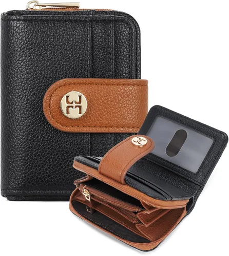 Vista 12 de Telena Cartera delgada para mujer, con bloqueo RFID, tarjetero de cuero con llavero plateado, color beige