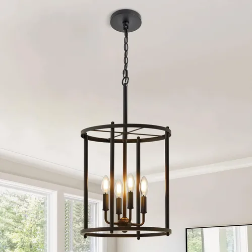 Vista 10 de Luvkczc Candelabro de 4 Luces, Luz de Techo Estilo Granja, Lámpara de Linterna Negra Accesorios de Iluminación con Jaula de Cuerdas, Altura