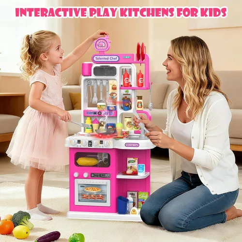 Vista 8 de Juego de cocina para niños, cocina de juego de 36.22 pulgadas para niños pequeños de 1 a 3 años con vapor, sonido y luz, estufa de cocina
