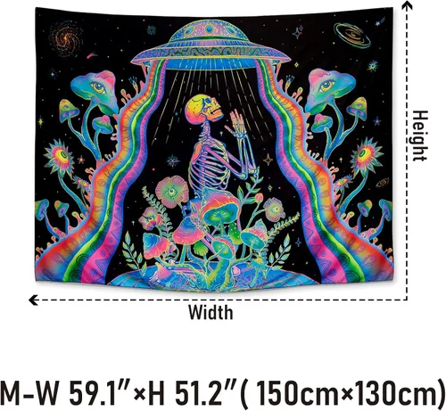 Vista 4 de Galoker Tapiz de esqueleto de luz negra, tapiz floral de plantas de fantasía, tapiz reactivo a los rayos UV, tapiz OVNI extraterrestre galaxia