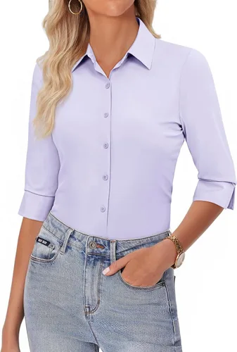 Vista 6 de siliteelon Camisas con botones para mujer, manga 3/4, elástica, ajustada, sin arrugas, cuello para negocios, trabajo, tops