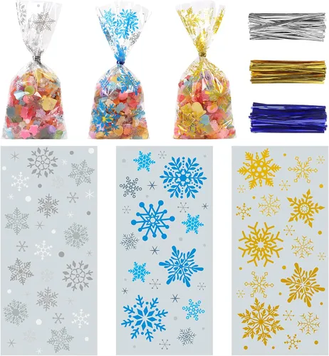 Vista 8 de KIMOBER 144 bolsas de dulces de celofán de Navidad, bolsas de golosinas de celofán con lazos giratorios para suministros de fiesta de Navidad