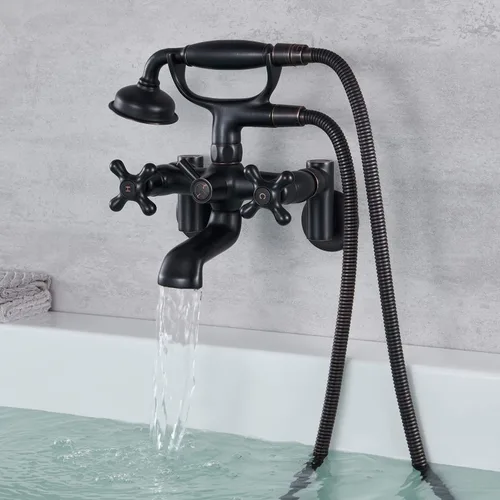 Vista 8 de Clawfoot - Grifo de bañera de montaje en pared, grifos de bañera de oro cepillado con ducha de mano, con forma de teléfono vintage, ajustable de 3 a