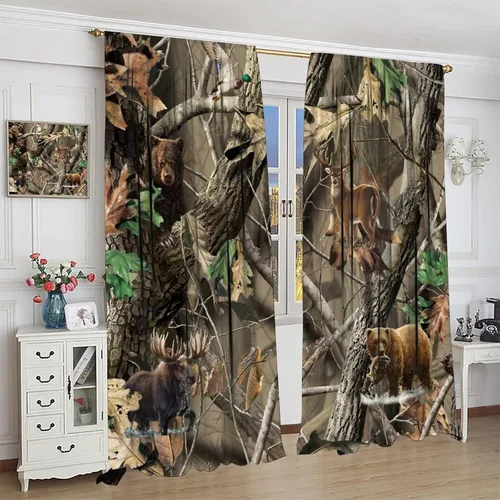 Vista 4 de Cortinas opacas de camuflaje de bosque, animales salvajes, osos, ciervos, alces, con bolsillo para barra, para sala de estar, dormitorio, decoración