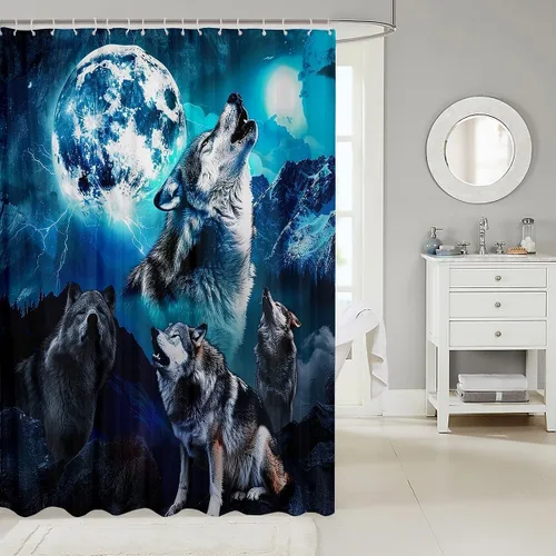 Vista 2 de Cortina de baño de lobo con luna azul noche para niños, juego de cortina de ducha para tinas de cielo estrellado, vida silvestre, animales salvajes