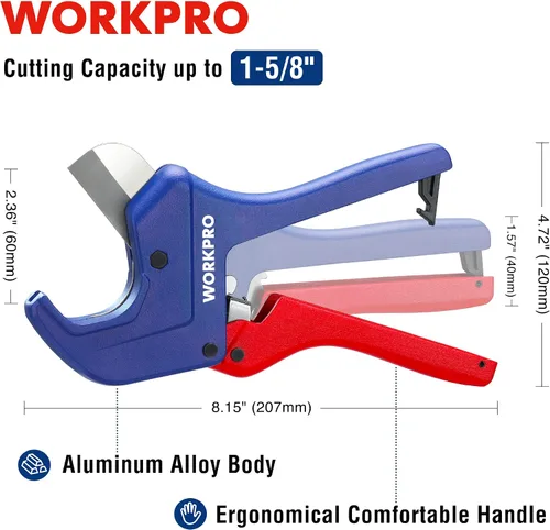 Vista 4 de WORKPRO Cortador de tubos de PVC con trinquete, hasta 1-5/8 pulgadas, cortador de tubos y tubos de plástico para mangueras de PEX, PVC, PPR