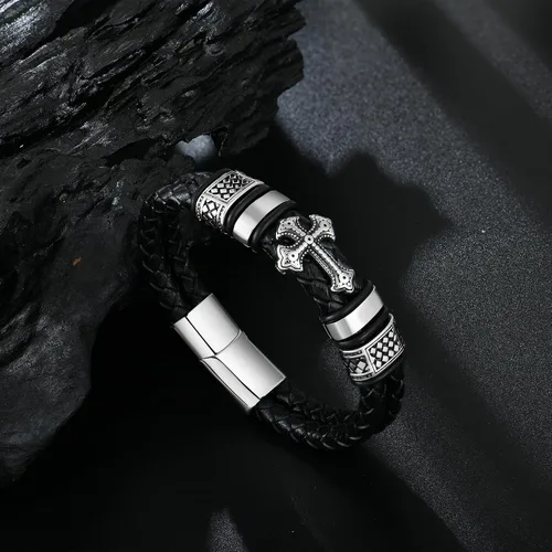 Vista 4 de Raymard Pulsera de cuero de doble fila cristiana para hombre - negrorojodorado y azul marino trenzado pulsera para hombres