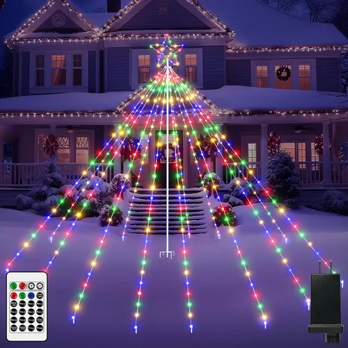 Vista 9 de Luces de árbol de Navidad para exteriores, 340 luces LED de decoración de Navidad con estrella superior, luz de Navidad impermeable IP67 con 16
