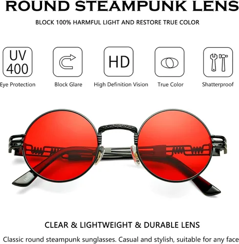 Vista 5 de DeBuff Gafas de sol retro redondas steampunk hippie