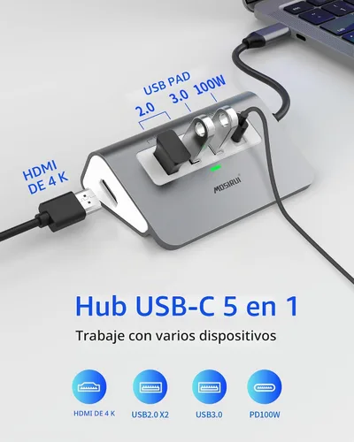 Vista 3 de USB C Hub, Adaptador Multipuerto 5 en 1 USB C a 4K HDMI Hub con USB 3.0/2.0, 100W PD, Estación de Acoplamiento Tipo C