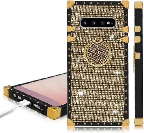 Vista 3 de LUVI Funda para Galaxy S10 Plus, purpurina brillante con soporte de anillo, parachoques de TPU a prueba de golpes, color dorado