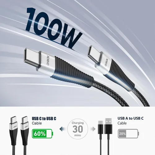 Vista 2 de Cable USB C a USB C de 3 pies, paquete de 3 unidades, 100 W, tipo C a C Negro