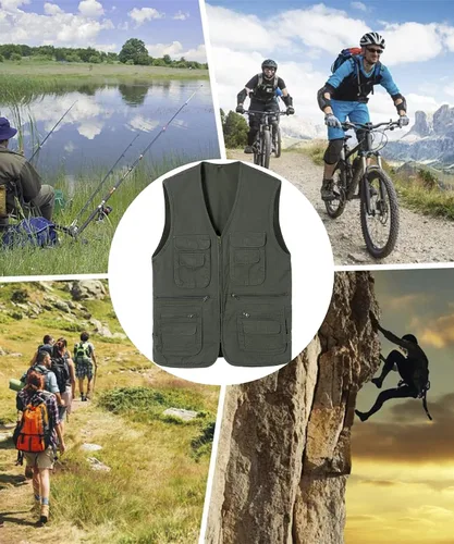 Vista 7 de Chaleco de pesca para hombre con múltiples bolsillos, sin mangas, chaleco de caza, safari, viajes, al aire libre, chaleco casual