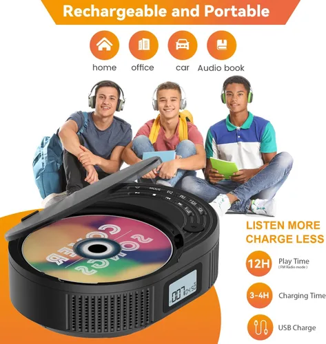 Vista 7 de MONODEAL Reproductor de CD portátil con 2 altavoces de 3 W, transmisor Bluetooth y altavoz 2 en 1, radio FM reproductor de CD combinado