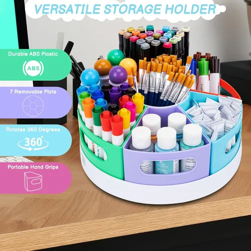 Vista 6 de CraftGenes Organizador de Suministros de Arte, Portálápices Extra Grande de 360° con 7 Compartimentos Removibles para Niños, Organizador