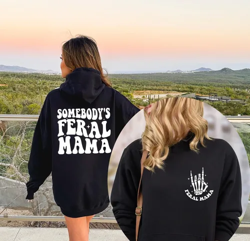 Vista 4 de Somebodys - Sudadera con texto en inglés «Feral Mama» para mamá, linda camiseta familiar