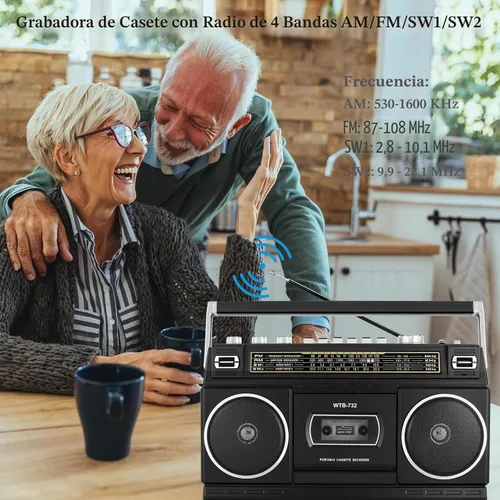 Vista 3 de Boombox portátil estilo retro clásico de los años 80 con reproductor grabador de casete, radio AM/FM/SW1/SW2, Bluetooth, ranuras USB/Micro SD
