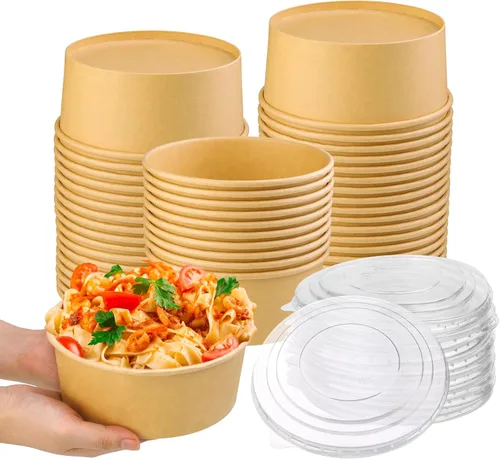 Vista 9 de Paquete de 50 cuencos de papel kraft de 17 onzas con tapas, cuencos desechables para sopa caliente, cuencos de papel con tapas, contenedor