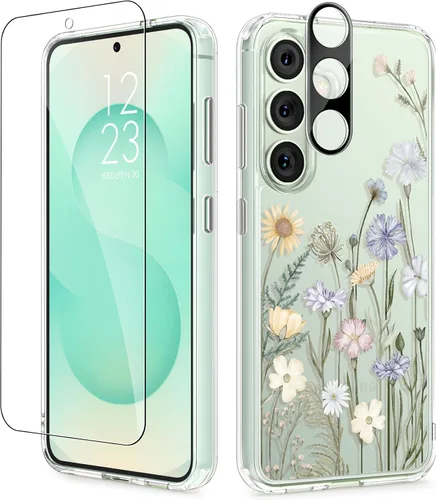 Vista 27 de GVIEWIN Funda protectora para Samsung Galaxy S25, transparente floral, delgada, a prueba de golpes, para mujer, no se pone amarilla, con protector